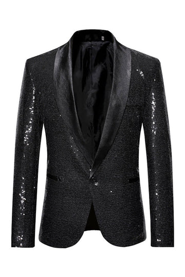 Sparkly Blue Shawl Lapel One Button Men's Prom Blazer